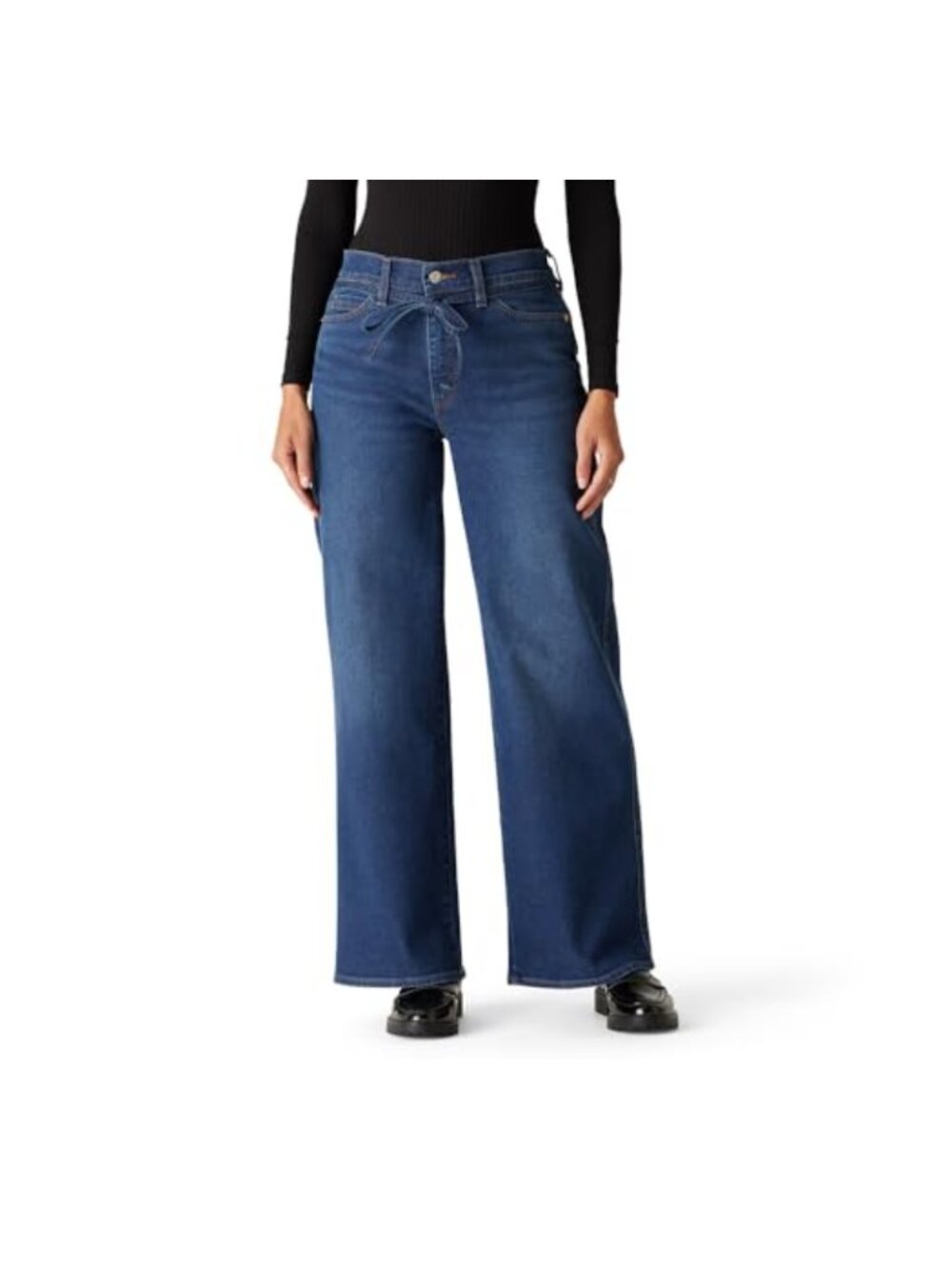 Womens Heritage Belted Wide Leg Jeans Mid Rise Stretch Denim